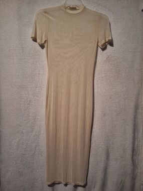 Beige Short-Sleeve Swim Sheer See Through Coverup Maxi Dress